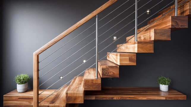 Modern wooden staircase with steel railing and built-in lights
