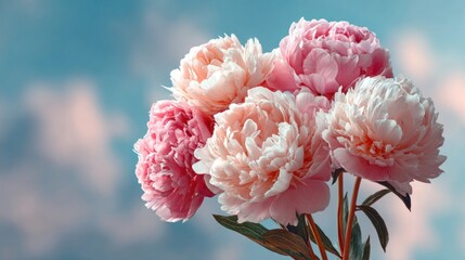 Soft pink and white peonies bloom against a dreamy, blurred sky background