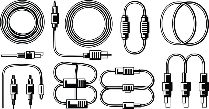 Set of cable and wire connection icons including power cords, electrical plugs, and coiled technical cables in flat vector