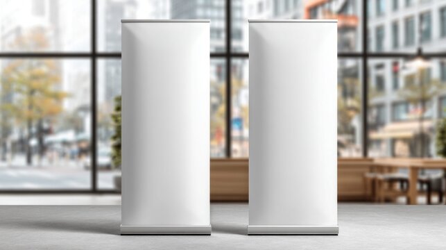 Two blank roll-up banner stands in a modern office lobby with large windows