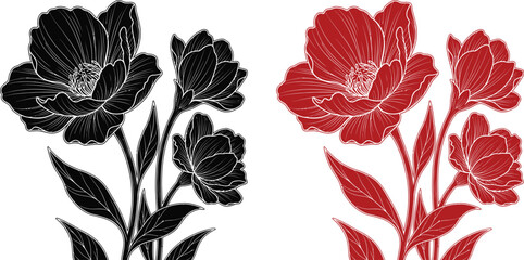 A graphic design of red and black flowers in silhouette on a white background