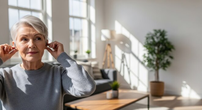 TITTLE: Smiling older woman inserting wireless earbud for improved hearing and audibility. Concept of modern hearing aid technology and elderly care for healthy aging.