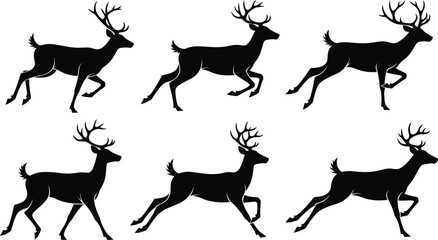 A group of deer running in unison in silhouette against a white background