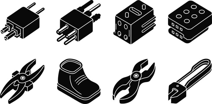 Electrician tools and equipment isometric icon set