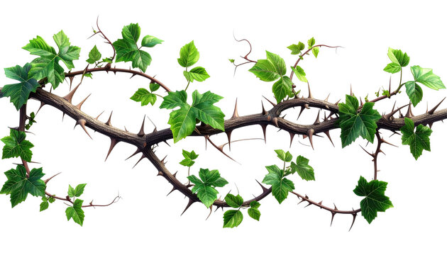 A realistic digital illustration featuring a thorny vine with vibrant green leaves and a dark, textured stem