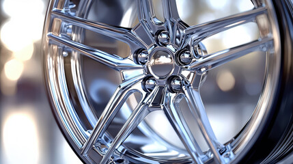 A shiny chrome car wheel with a five-spoke design gleams in the studio light, reflecting the surrounding environment with perfect symmetrical design.