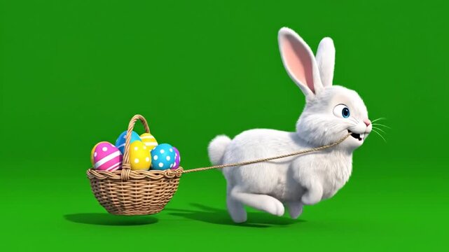 Animated cartoon of a white rabbit pulling a wicker basket filled with colorful Easter eggs on a green screen background, walking from left to right.