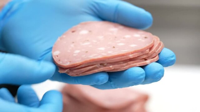 Hand in blue glove holding a stack of sliced mortadella with specks of seasoning ready to eat