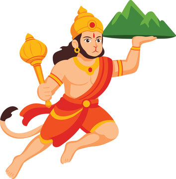 Lord Hanuman Flying With Mountain and Mace Action Pose Vector Illustration
