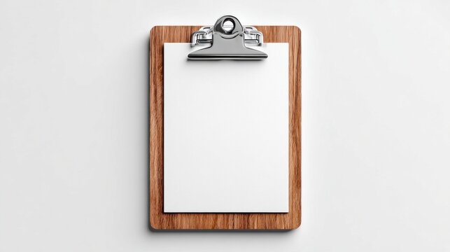 Wooden clipboard with blank white paper and metal clip on a clean white background