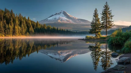 Fototapete Reflection Volcanic mountain in morning light reflected in calm waters of lake.  © Smart Future