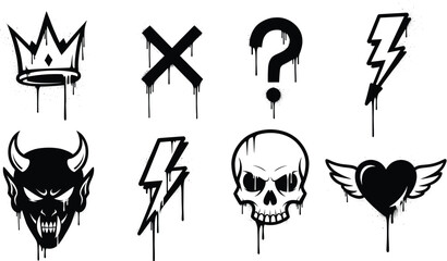 Obraz premium Grunge Dripping Symbol Icons Vector Set with Skull, Devil, Crown, Lightning, Heart, Question Mark, and Punk Street Art Design Elements