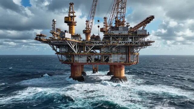 Cinematic drone footage of an offshore oil rig centered within a vast ocean environment complex metallic platforms towers and walkways are highlighted by natural daylight rolling waves and dramatic cl