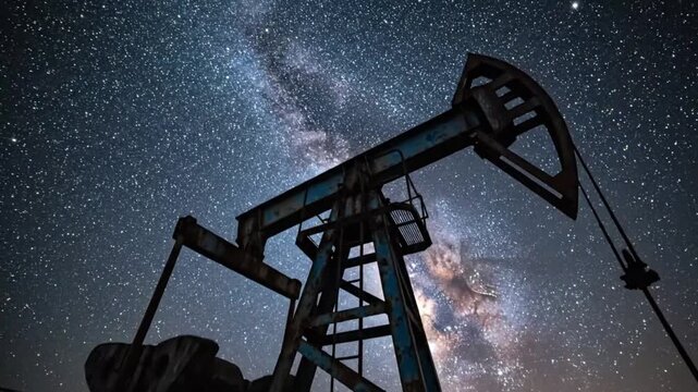Cinematic night shot of a weathered oil pump rising from darkness its faded blue paint and rusted steel forming a stark silhouette against a glowing star filled sky the milky stars swirl above conveyi