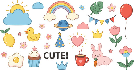 Fototapeta premium Cute Doodle Icons Vector Set with Rainbow, Bunny, Heart, Crown, Balloon, Flowers, and Playful Elements for Kids, Nursery, and Creative Designs