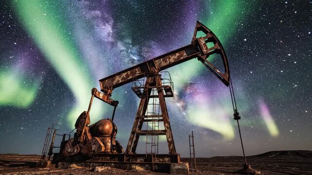 Dramatic night scene featuring a rusty oil pump centered against a star saturated sky the mechanical silhouette stands quietly beneath swirling celestial light emphasizing contrast between human indus