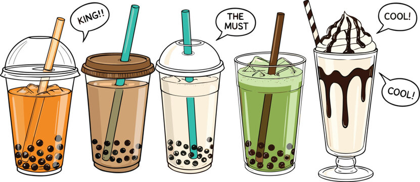 Bubble Tea and Milkshake Drinks Vector Illustration Set with Tapioca Pearls, Straws, Cups, and Hand Drawn Speech Bubbles for Cafe Menu Designs