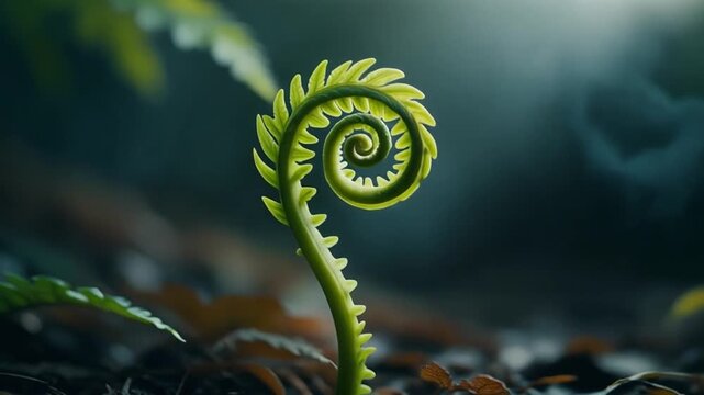 A macro time-lapse of a small fern frond elegantly unfurling in a spiral motion