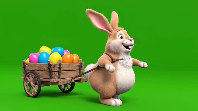 Animated cartoon of a cheerful rabbit pulling a wooden cart filled with colorful Easter eggs, walking on a green screen background.