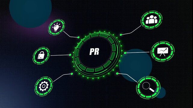 Futuristic technology background for videos about corporate image and news distribution featuring pr text and glowing broadcasting icons for reach