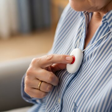 Woman presses personal emergency button. Safety and medical alert device for elder. Urgent call system for senior healthcare concept