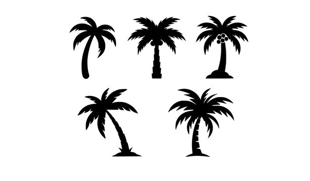 Stylized palm tree silhouette icon set for tropical branding and summer design