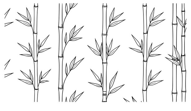 Black and white bamboo stalks with leaves seamless line art pattern botanical plant design