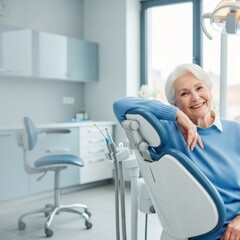 Obraz premium Happy senior woman in dental chair waiting for checkup or treatment at modern clinic. Elderly patient dental health care concept.