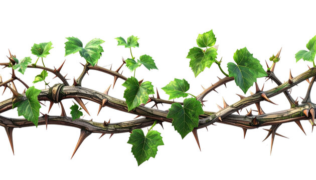 A close-up illustration depicts a thorny, twisting branch with vibrant green ivy leaves. The detail is sharp, isolated on black