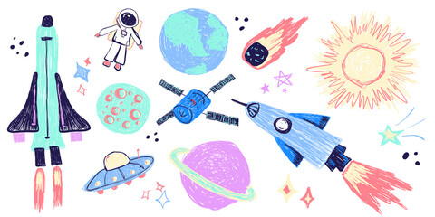 Hand Drawn Space Doodles with Rockets and Planets