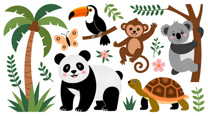Obraz premium Jungle animals and plants on white background