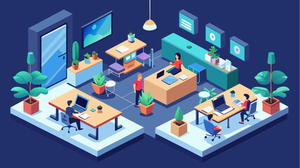 Obraz premium Modern flat design illustration of an open space office with people working at desks, laptops, indoor plants, and office furniture