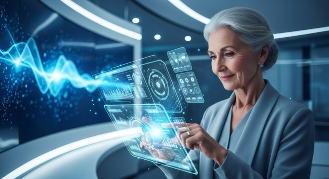Woman interacting with digital screen showing business data and analytics. Innovative technology for smart solutions. Active and healthy retirement.