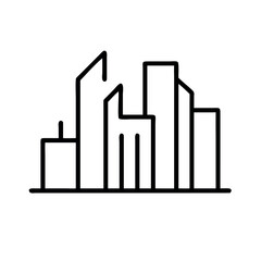 Simple black line icon representing a city skyline with modern buildings.