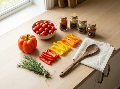 Chopped Fresh Vegetables and Herbs Prepared for Healthy Cooking on Wooden Counter