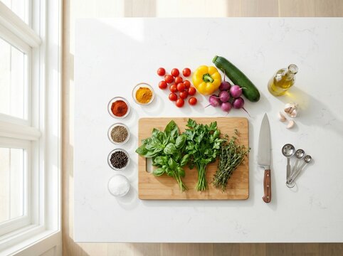 Fresh Cooking Ingredients Flat Lay with Herbs Vegetables and Spices on White Table