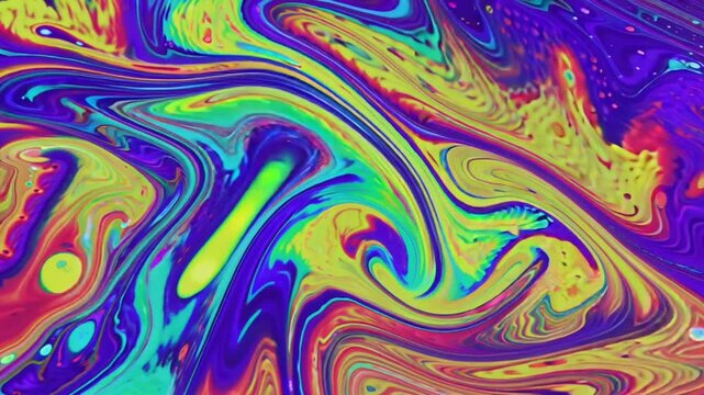 Molten paint extreme slow motion flowing swirling vortex, forming fractal flowing abstract patterns, neon iridescent colors, liquid reflections, high-definition cinematic close-up, surreal futuristic
