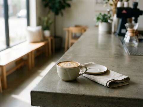 Hot Coffee Cup Served on Modern Cafe Counter with Minimal Interior Design