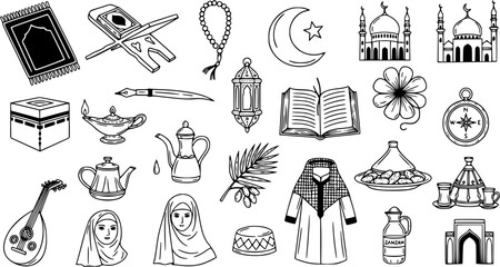 Obraz premium Hand Drawn Line Art Islamic Symbols and Ramadan Icons Set: Featuring Mosques, Kaaba, Quran, Prayer Items, and Middle Eastern Cultural Elements for Muslim Holidays.