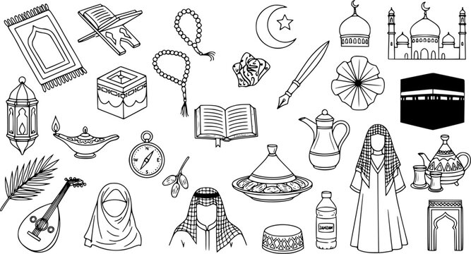 Islamic and Arabic Culture Black  White Line Art Doodle Set. Hand-drawn Vector Icons of Religious Symbols, Middle East Objects, Traditional Attire, and Prayer Items.