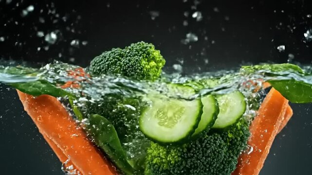 Fresh Broccoli, Carrots, and Cucumber Splashing into Water