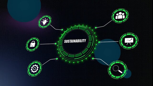 Sustainability concept for green business and environmental responsibility videos showing a blue hud interface with icons for long term ecological growth