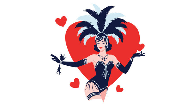 A beautiful retro-style burlesque dancer in a glamorous costume with feathers, posing in front of a large red heart.