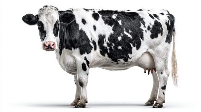 A black and white Holstein Friesian cow stands elegantly against a clean white background