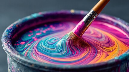 Brush stirring vibrant, colorful paint in a container