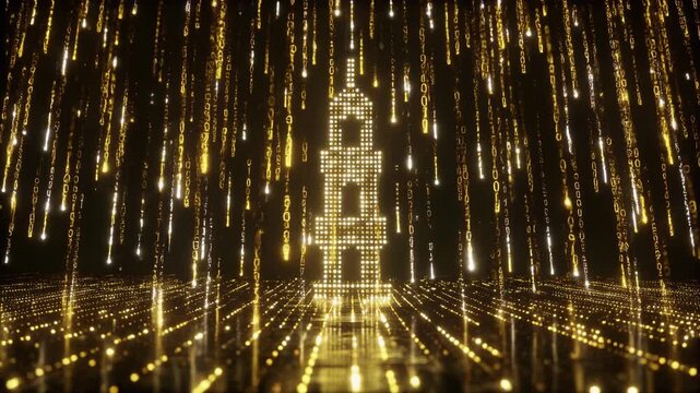 Golden digital syringe icon with falling binary code rain representing future medical technology and healthcare data