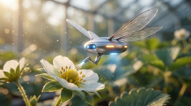 Miniature robotic insect pollinating strawberry flower with laser, futuristic precision agriculture