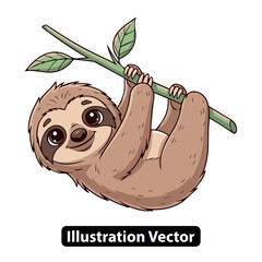 Obraz premium Adorable cartoon sloth hanging from a branch with leaves in a relaxed pose illustration