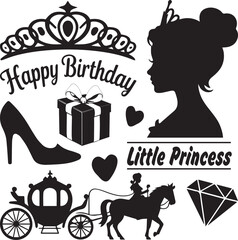 Magical princess birthday graphics with tiara, carriage, and gifts