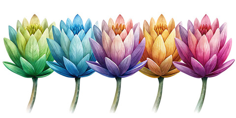 Fototapeta premium Vibrant colorful lotus flowers in a row against a dark black background